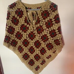 Handmade Crochet Poncho Sweater - Red and Beige Accents